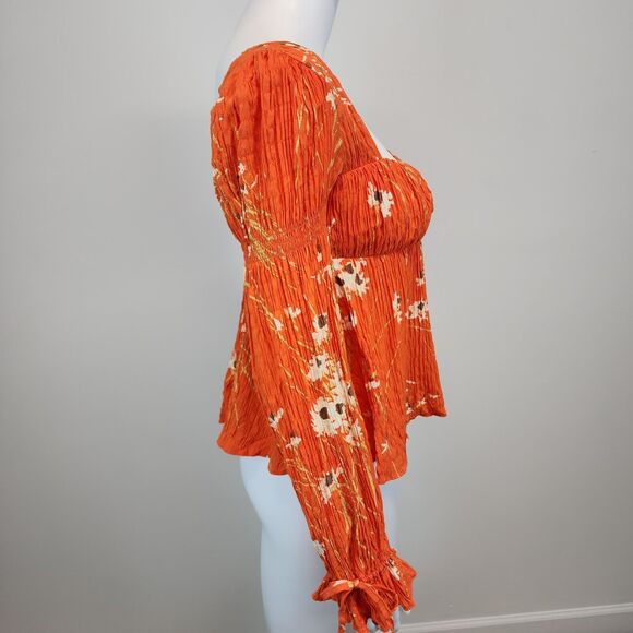 Urban Outfitters Floral Top Size XS Square Neck Orange Long Sleeve Smocked Y2K - Picture 3 of 16
